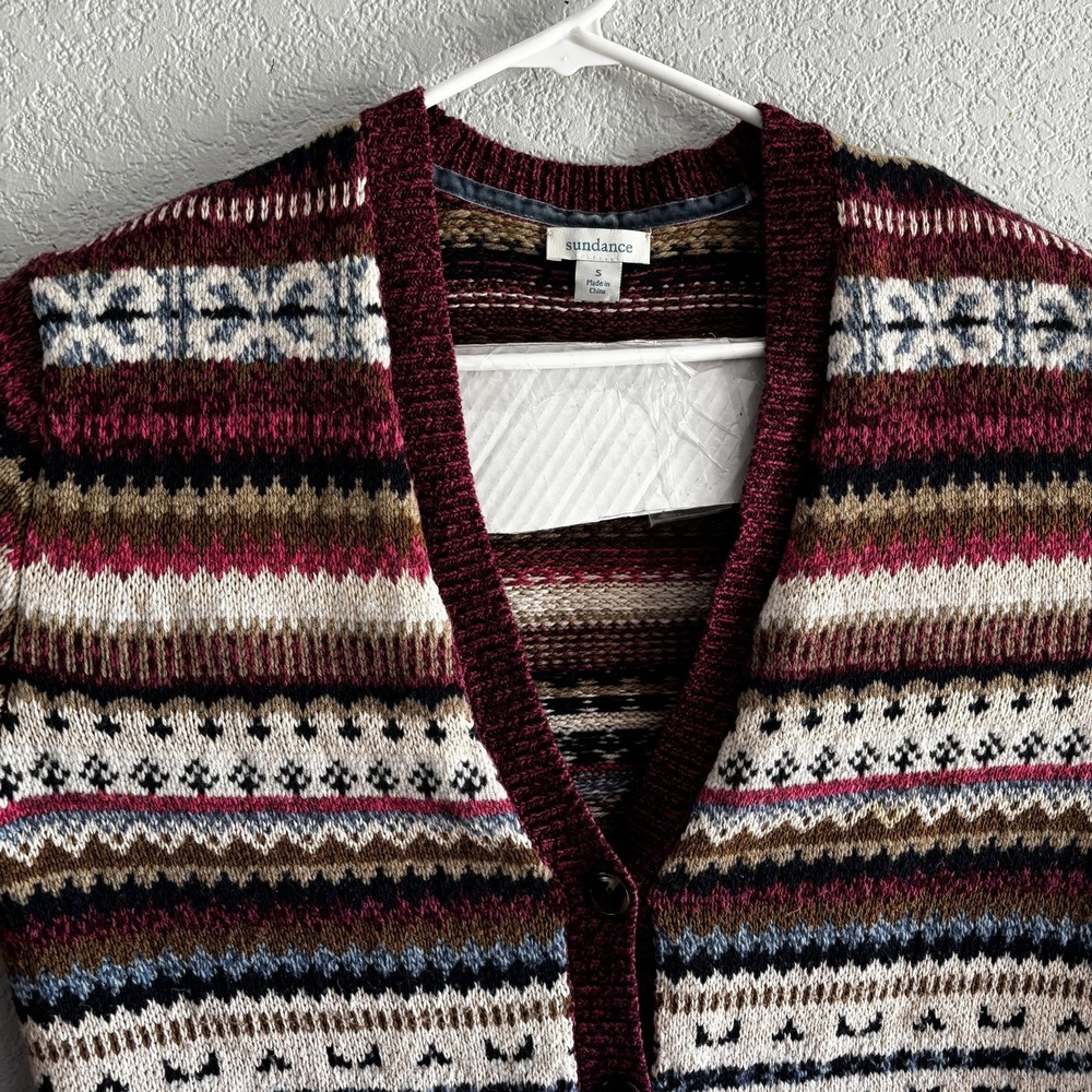 Sundance Cardigan Sweater Womens Small Multicolor Fair Isle Knit Button Pockets - Picture 3 of 7